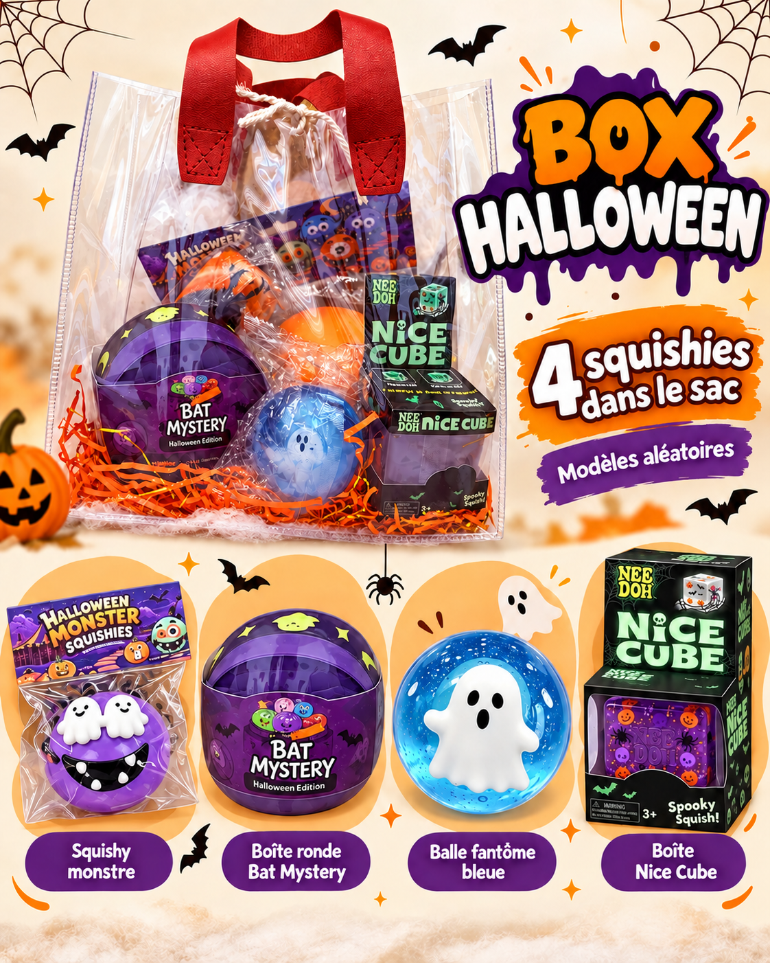 Box Halloween contenant 4 squishies dans un sac